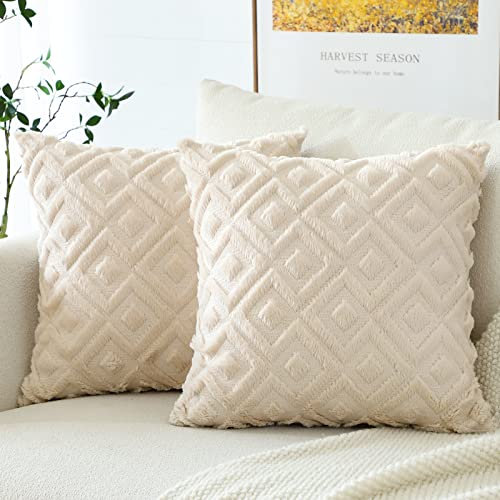 Artscope 2er Set Wolle Kissenbezüge Weicher Plüsch Kurzer Wollsamt Dekokissenbezuge Luxuriöses Sofakissen Boho Kissenhülle für Sofa Schlafzimmer Geometrische Creme Beige, 40x40cm