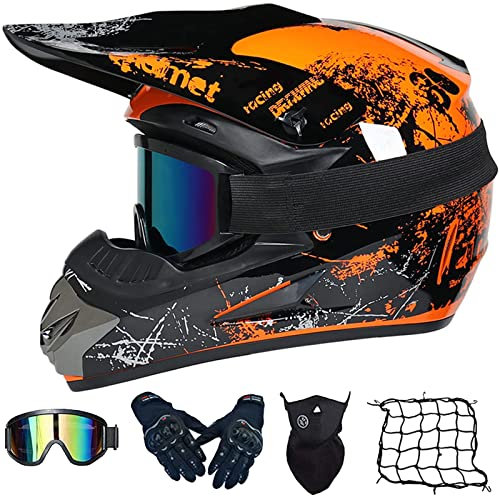 Casque de motocross intégral pour adultes et enfants – Avec lunettes, gants, masque facial, filet – pour VTT MX Quad Bike Go-kart – Coque en ABS – Orange-XL