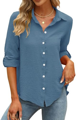 Odosalii Damen Tops mit 3/4 Ärmel und V Ausschnitt,Casual Elegant Lang Ärmel Bluse,Trendy Mode Tunika Hemden Oberteil Oberteile,Lose Bekleidung Musselin Blusen Tunike Tops Shirt(Grau Blau,X-Large)