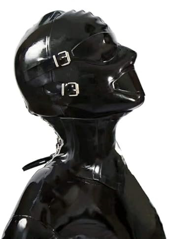 SALANSEX Vollgesichtsmaske mit Mundstöpsel und Augenklappe, Sex-Latex-Haubenmaske, Maske mit Reißverschluss (L)