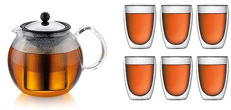Bodum - 1802-16 - Assam - Théière à Piston en verre - Filtre et Couvercle inox - 1.5 L & 4559-10-12 - Pavina - Coffret de 6 Verres Double Paroi - 36 cl, Transparent, 6 Unité