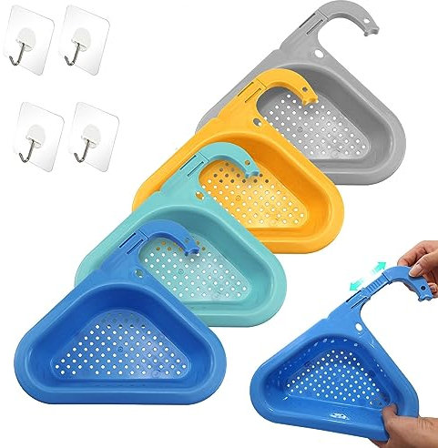 Sink Swan Drain Basket, Adjustable Kitchen Sink Drain Basket Pack of 4, Multifunctional Triangular Sink Filter, with Sticky Hook, Upgrade for Kitchen Sink Hangs on Faucet (4 Colors)
