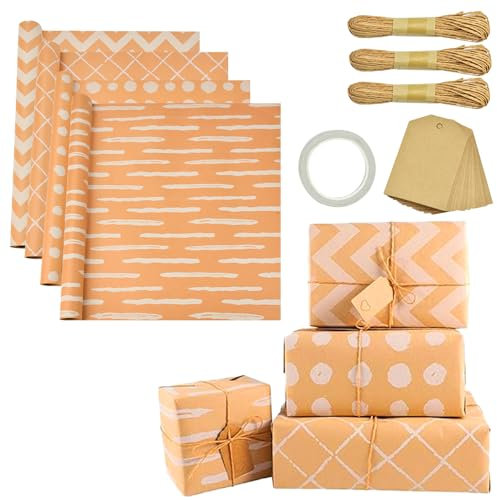 DTYGUIXE 4 Rolle Geschenkpapier Packpapier Brown Kraft Wrapping Paper 43 * 300cm Kraftpapier mit 3 Bündel Schnüre, 2 Rollen Klebeband und 20 Etiketten für Geburtstag, Weihnachten, Erntedank, Hochzeit