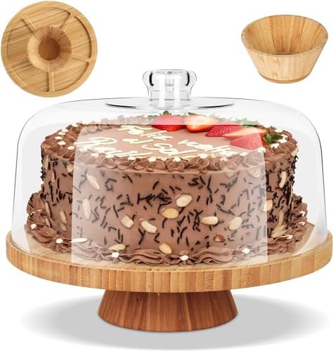 Myiosus Soporte para Tartas con Tapa, Soporte para Tartas de Bambú con Tapa de Campana - Exhibidor Transparente para Tartas y Servidores de Alimentos, Diámetro 28 cm