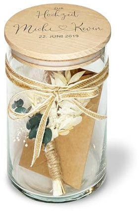 Personalisiertes Geschenk Glas mit Namen und Datum als Hochzeitsgeschenk Geldgeschenk optional mit Karte und Trockenblumen Vorratsglas No1 (Typ 4)