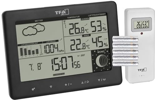 TFA Dostmann Funk-Wetterstation Elements, 35.1158.01, mit Außensender, Wettervorhersage, deutsches Display, Mondphase, schwarz, (l) 158 x (b) 26 (57) x (h) 119 (117) mm, mit Batterien