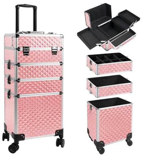 Kalolary Maleta Maquillaje Profesional 4 en 1, Maletín de Cosméticos Caja Maquillaje Maletin de Cosméticos Portátil con Cerradura Organizador de Maquillaje para Artistas Esteticistas (Rosa)