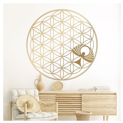 Grandora Wandtattoo Blume des Lebens mit Engel I Gold (BxH) 75 x 75 cm I Schlafzimmer Wohnzimmer Sticker Aufkleber Wandaufkleber Wandsticker Mandala W5624-03