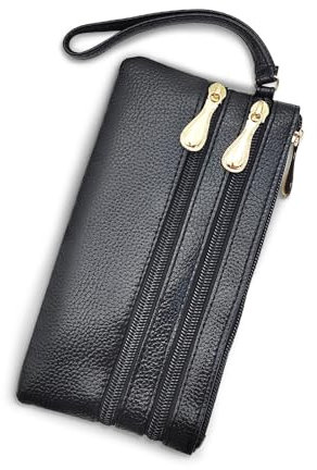 FuninCrea Women's Wristlet Clutch Purse Ladies Purse, 3 Zippered Pockets Womens Purse Leather Wristlet Clutch Wallet with Wrist Strap, Women's Wallets Long Wristlet Bag for Cellphone Card (Black)