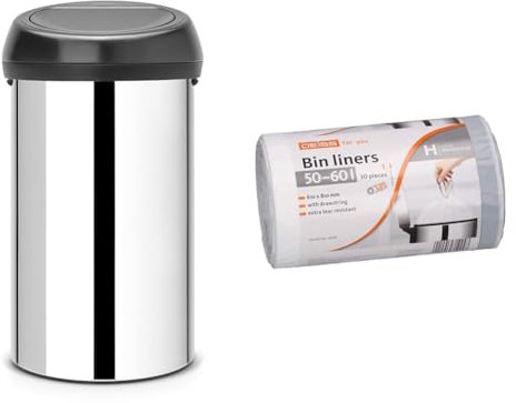 Brabantia 60 Litre Large Kitchen Touch Bin (Brilliant Steel/Matt Black Lid) - Uses 50-60 L Bin Liners (Size H), Pack of 30