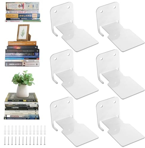 Oungy 6 Stück Unsichtbares Bücherregal Schwebendes Bücherregal mit Montagematerial Metall Wandregal Bücher Robuste Bücherregal Wand Hängend Mehrzweck Bücher Wandregal für Büro Küche Wohnzimmer (Weiß)