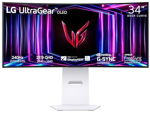 LG 34GS95QE 34-inch Ultragear OLED Curved Gaming Monitor WQHD 800R 240Hz 0.03ms DisplayHDR True Black 400 AMD FreeSync Premium Pro NVIDIA G-Sync HDMI 2.1 DisplayPort Tilt/Height/Swivel Stand White