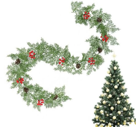 Realistische Tannengirlande – flexible künstliche Tannengirlande mit Tannenzapfen, roten Beeren, 2 m, künstliche Zypresse, Zeder, Tannennadeln, grüne Weihnachtsdekoration für drinnen und draußen