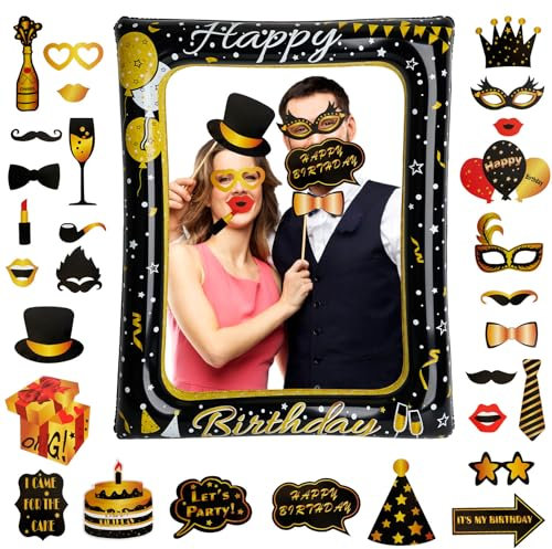 Hysenm 31-Teiliges Set Geburtstag Aufblasbarer Fotorahmen Schwarzgold, Geburtstag Selfie Rahmen Selfie Bilderrahmen Party Zubehör, Aufblasbare Photo Booth Fotobox Requisiten