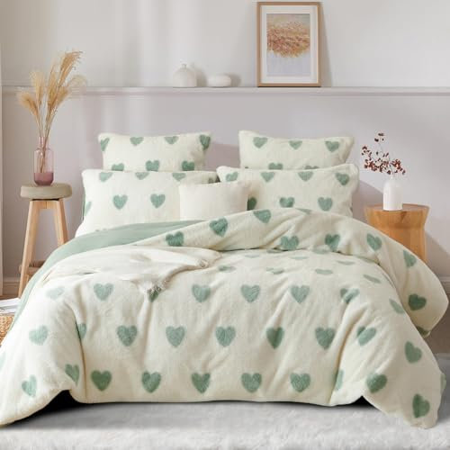 Nyescasa Plüsch Bettwäsche 155x220 Grün Herzen Warme Winter Flauschig Flanell Wendebettwäsche Langhaar Kunstfell Deckenbezug Fleece Cashmere Touch Bettbezug mit Reißverschluss und Kissenbezug 80x80cm