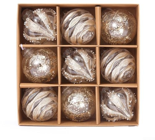 HEBEOT Set mit 9 dekorativen Weihnachtskugeln, 8 cm, Kunststoff, für Hochzeiten, Partys und Innendekoration (Champagner)