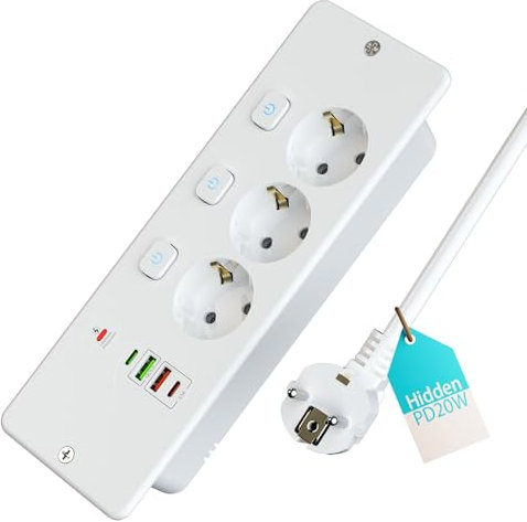 Enchufe empotrable con USB C 20 W, 3 enchufes de Mesa con USB A y Tipo C, 7 en 1, Enchufe Triple Empotrado con Cable de extensión de 1,8 m, regleta empotrable para Oficina, Color Blanco