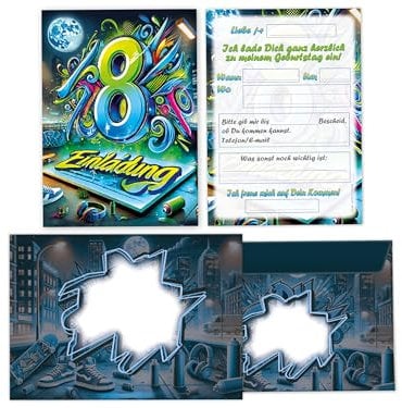 Limonia 12 Einladungskarten inkl. 12 Umschläge zum 8. Kindergeburtstag Einladung Set Geburtstag Mädchen Kinder Jungs Jungen Boys Teenies Graffiti Street Art