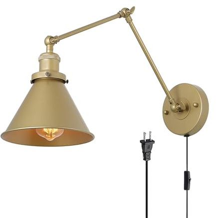 Innen Vintage Wandleuchte mit Schalter Wandlampe Langer Swing Arm Verstellbar mit Kabel Stecker Wandleuchten Strahlwinkel Einstellbar Beleuchtung Wandbeleuchtung für Schlafzimmer (Gold,1 Stück)