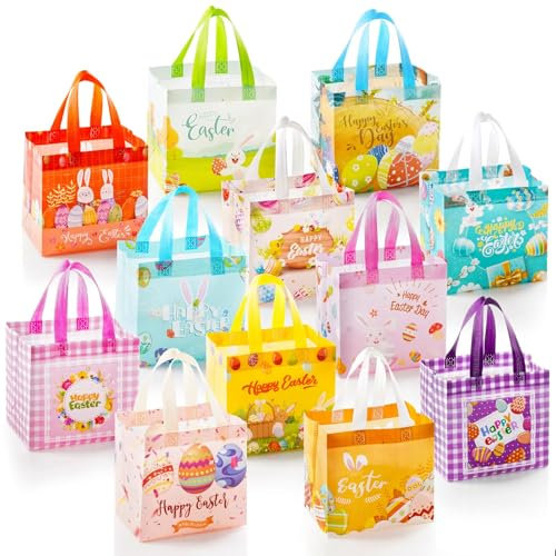 Koncci Easter Gift Bags, 12 Pcs Easter Baskets for Kids Reusable Non-Woven Egg Hunt Tote Bags for Party Supplies