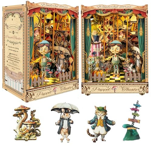 CUTEROOM Kit DIY Buchnische - Miniatur-Holzpuppenhaus mit LED-Beleuchtung und Staubschutzhülle - Holzmodell zum Selbstbauen Haus (Puppentheater)