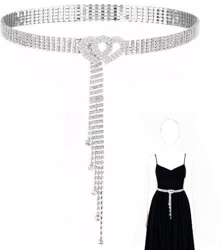 UZSUZZ Cinturón de Pedrería para Mujer con Cristales y Diamantes de Imitación, Cadena Plateada Brillante para Fiesta, Boda y Noche de Gala