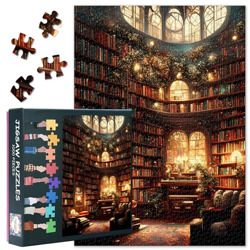 TISHIRON Luxury Library Jigsaw Puzzles for Adults 1000 Pieces | Christmas tree & bookshelf challenge cozy bookstore interior scenery stress relief mindful puzzle game home decor 27.5x19.7