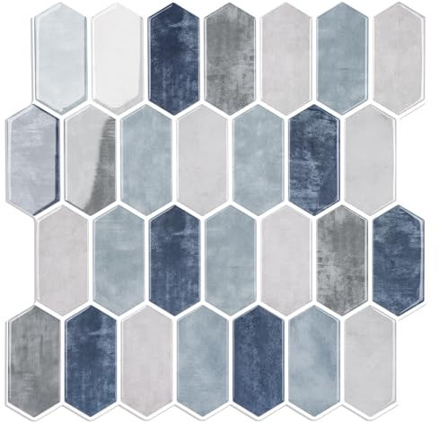 WalDecoo Carreaux Hexagonaux Longs À Décoller Et Coller Pour Cuisine, 10 Feuilles De Carreaux Muraux Auto-adhésifs, Autocollants Pour Carrelage Bleu Mélangé Pour Cuisine Et Salle De Bain 30,5x30,5 cm