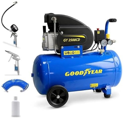 Goodyear - Compresor de Aire 50 Litros con Kit 3 Accesorio, Capacidad de Aspiración 210 litros/minuto, 2.800 rpm, Presión Nominal 8 bares/115 PSI, Protección Sobrecarga, Regulador de Alta Resistencia