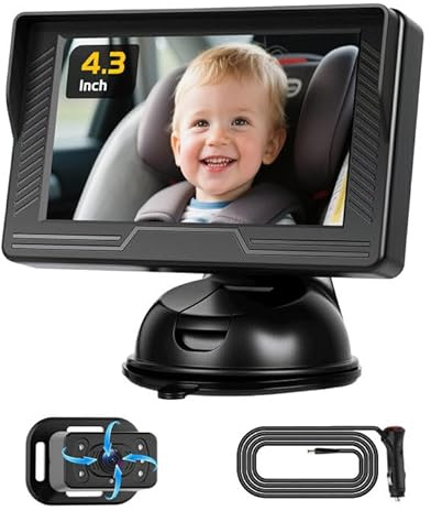 Hikity 4.3 IPS Cablato Telecamera Baby Auto per SUVs PKWs Transporter | Monitor Bimbi Auto con Visione Notturna Ruotabile a 360° Grandangolo Montaggio Rapido per L'osservazione di Bambini