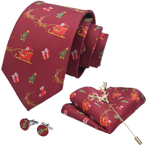 LIEOLGOH Weihnachts Krawatte für Herren Weihnachts Klassisch Muster Xmas Party Festlich Krawatten mit Einstecktuch Manschettenknöpfe Brosche Set