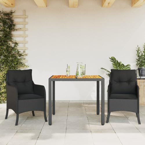 Owoxanthellate 3-TLG. Rattan Runder Terrassen-Sitzgruppe Schwarz 90 x 90 cm Gartentisch mit Akazienplatte PE-Rattan-Möbel wetterfest für Balkon Garten und Wintergarten