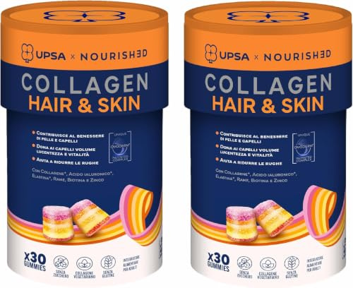 UPSA x Nourished Collagene Hair and Skin, con Biotina, 60 Gummies, Bipacco | Integratore Alimentare per Benessere di Pelle e Capelli, con Ovoderm, Rame, Biotina, Gusto Frutta, Senza Zucchero Vegetariano
