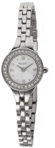 REGENT F-1669 Damenuhr Edelstahl Silberfarben mit Kristallen besetzte Lünette 19 mm Quarz