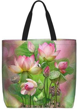Spirit of the Lotus Print Canvas Tote Bags for Women Reusable Grocery Bag Large Gym Canvas Cloth Pouch Portable Shopping Handbag with Inner Pocket
