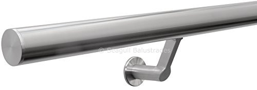 Seagull Balustrades Stainless Steel Stair Bannister Handrail - 320-Grit, Satin Brushed Polished - Pre-Assembled with Contemporary Wall Brackets - Select Length - Classic Plain Flat End Caps - Made in UK