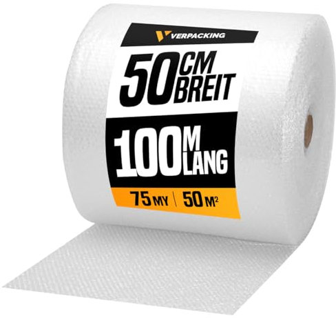 verpacking Luftpolsterfolie 100 m lang Noppenfolie Knallfolie Blisterfolie Polstermaterial Füllmaterial für Kartons (1 Rolle - 50 cm x 100 m, 75 my)
