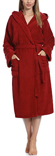 Ladeheid Damen Frottee Bademantel mit Kapuze Morgenmantel warm aus 100% Baumwolle LA40-102 (Weinrot (D13) (Gramatur 450), M)