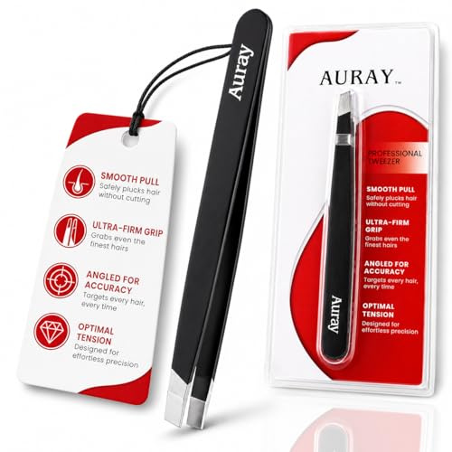 Eyebrow Tweezers Women Facial Hair, Stainless Steel Facial Hair Removal Precision Tweezer for Men & Women in Black, Slanted Tip Eyebrow Plucker for Easy Plucking, Professional Tweezers by AURAY