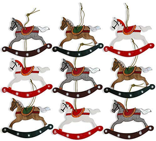 By Robelli Shabby Chic Wooden Christmas Tree Hanging Pendant Baubles Decorations - Cut Out Rocking Horses x 9