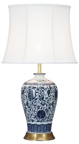 Fine Asianliving Chinesische Tischlampe Klassisch Porzellan Lotus Blau D38xH65cm mit Lampenschirm E27 China Orientalische Tischleuchte Keramik Nachttischlampen Asia