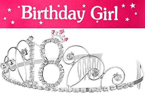 Haarreif Krone + Schärpe Birthday Girl 18. Geburtstag Happy Birthday Kristall Strass Krone Verzierungen Hochzeit Haar Haarband Kamm Stirnband für Frauen (Krone 18 + Schärpe)