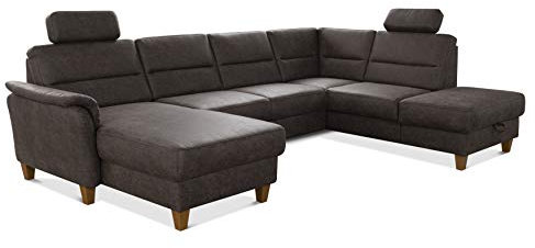 CAVADORE Wohnlandschaft Palera / U-Form Federkern-Sofa mit Schlaffunktion, Stauraum und 2 Kopfstützen / 314 x 89 x 212 / Mikrofaser in Lederoptik, Braun