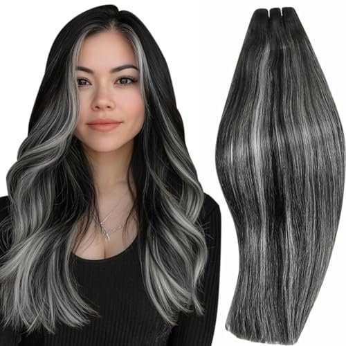 RUNATURE Tissage Naturel Cheveux Humain Noir Ombre Argenté Extention Cheveux Naturel Tissage 40cm 100g #1B/Silver/1B