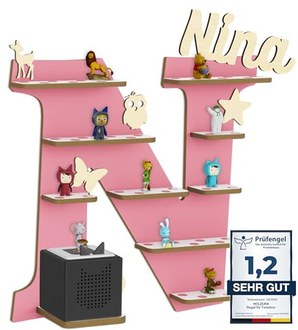 Holzura Tonie Regal für Toniebox, Toniebox Regal personalisiert mit Name und Holzsymbolen, Tonie Aufbewahrung (Buchstabe N)