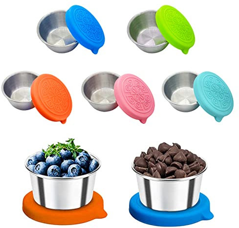 50ml Kleine Edelstahl Salatdressing Behälter 5 Stück, überlegene Qualität Gewürzbehälter mit Silikon Deckel, Auslaufsichere, Wiederverwendbare Mini Dip Sauce Becher Snack Box Lebensmittelbehälter