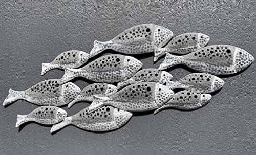 MF 3D Wand Dekoobjekt Riba - Handgefertigtes Fischschwarm Wandrelief aus pulverbeschichtetem Eisen in Blau und Grau mit Shabby Design