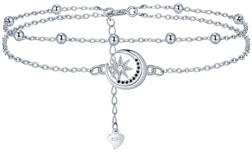Lydreewam Lune et Étoile Bracelet de Cheville pour Femme Argent Sterling 925 Double Chaine de Cheville Été Pieds Nus Plage Bijoux de Pied, Réglable 22+4cm