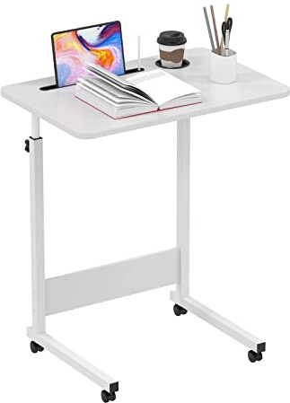 DHHOZAMZ Table pour ordinateur portable - 60 x 40 cm - Avec roulettes, barres d'arrêt, fente pour tablette et fente pour gobelet - Réglable en hauteur de 69 à 90 cm - Blanc
