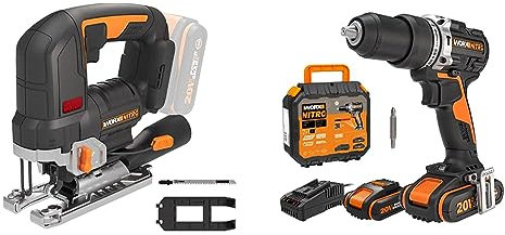 Pack Worx WX352 | WX542.9 | Taladro percutor más Sierra de calar 20V Máx | 2 Baterías | Cargador y maletín